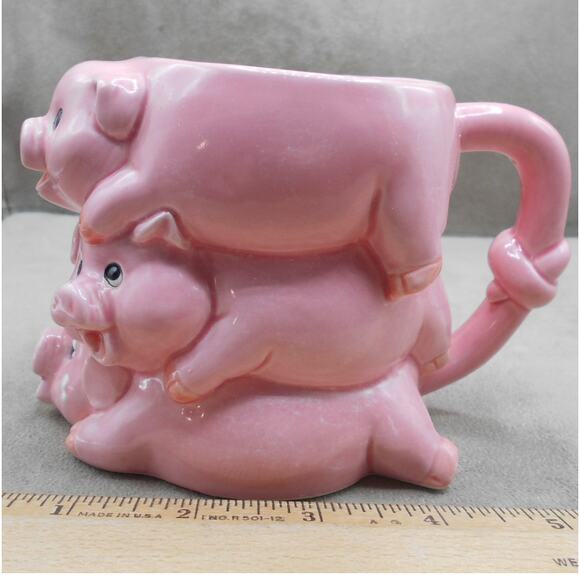 Papel Freelance 3D Little Pigs Stacked Coffee Mug Cup Pigtail Handle Vintage - Picture 4 of 8